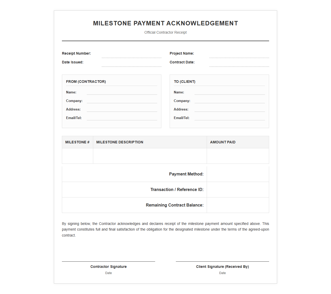 Contractor Milestone Payment Acknowledgement