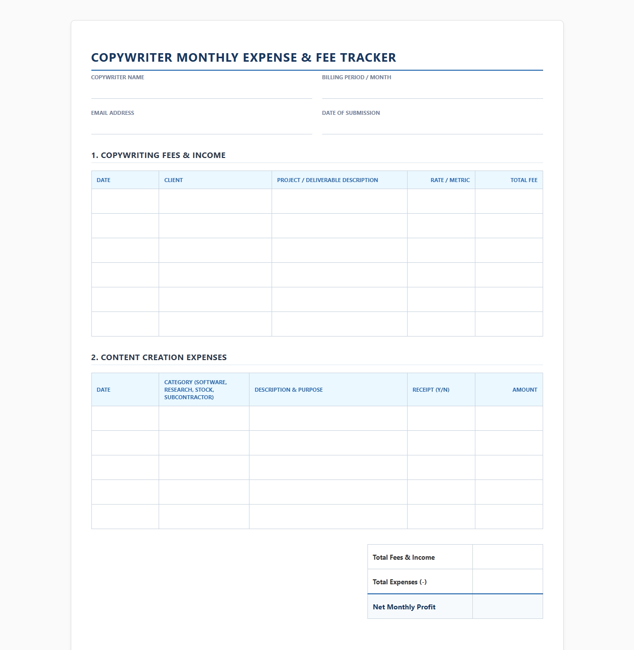 Copywriter Monthly Expense and Fee Tracker