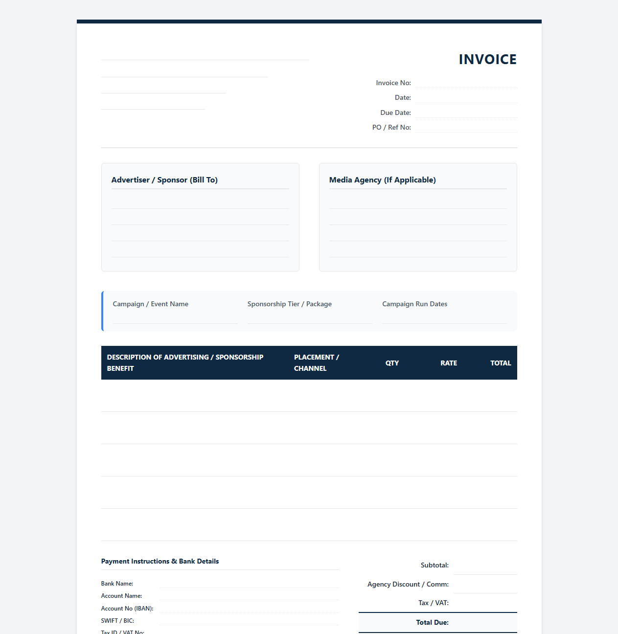 Corporate Advertising and Sponsorship Invoice Template