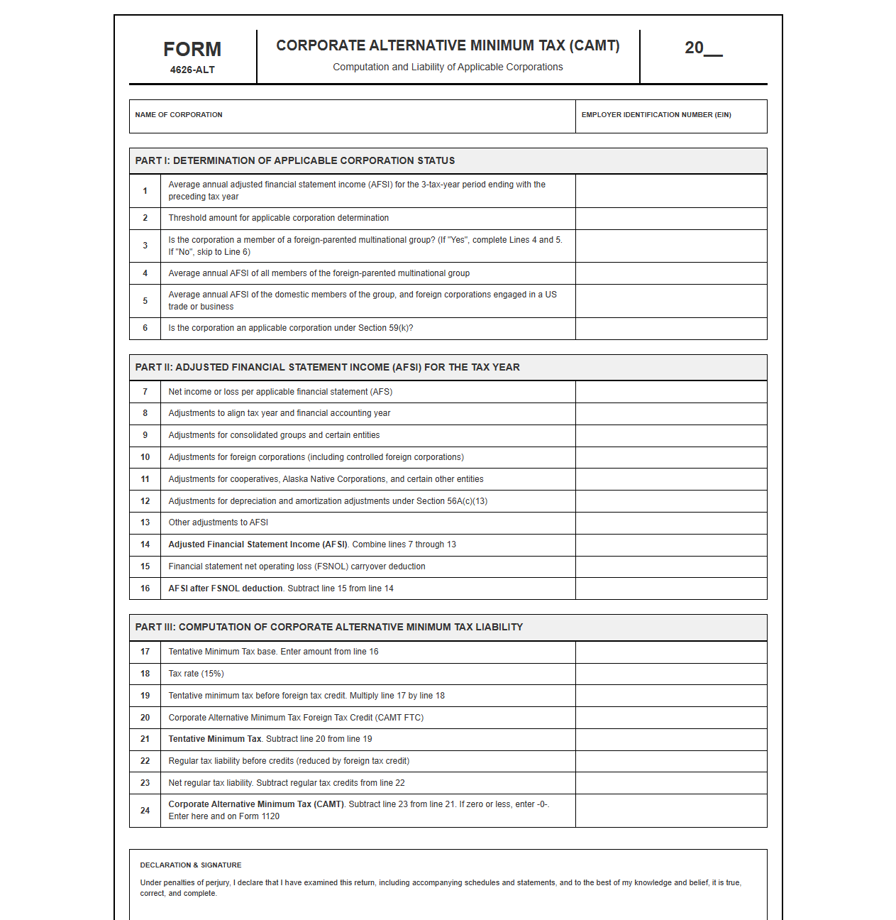 Corporate Alternative Minimum Tax Return Template