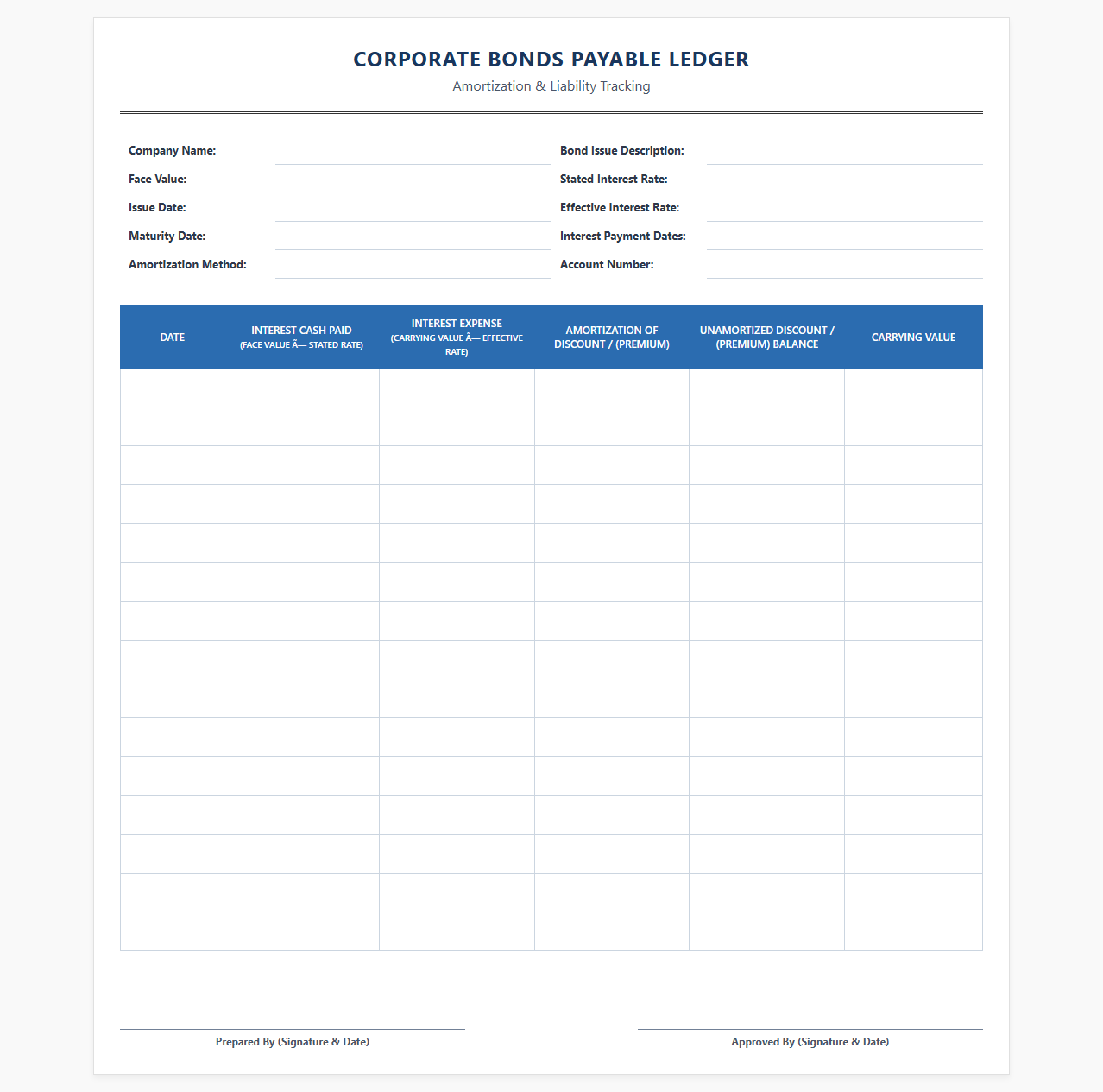 Corporate Bonds Payable Ledger Template