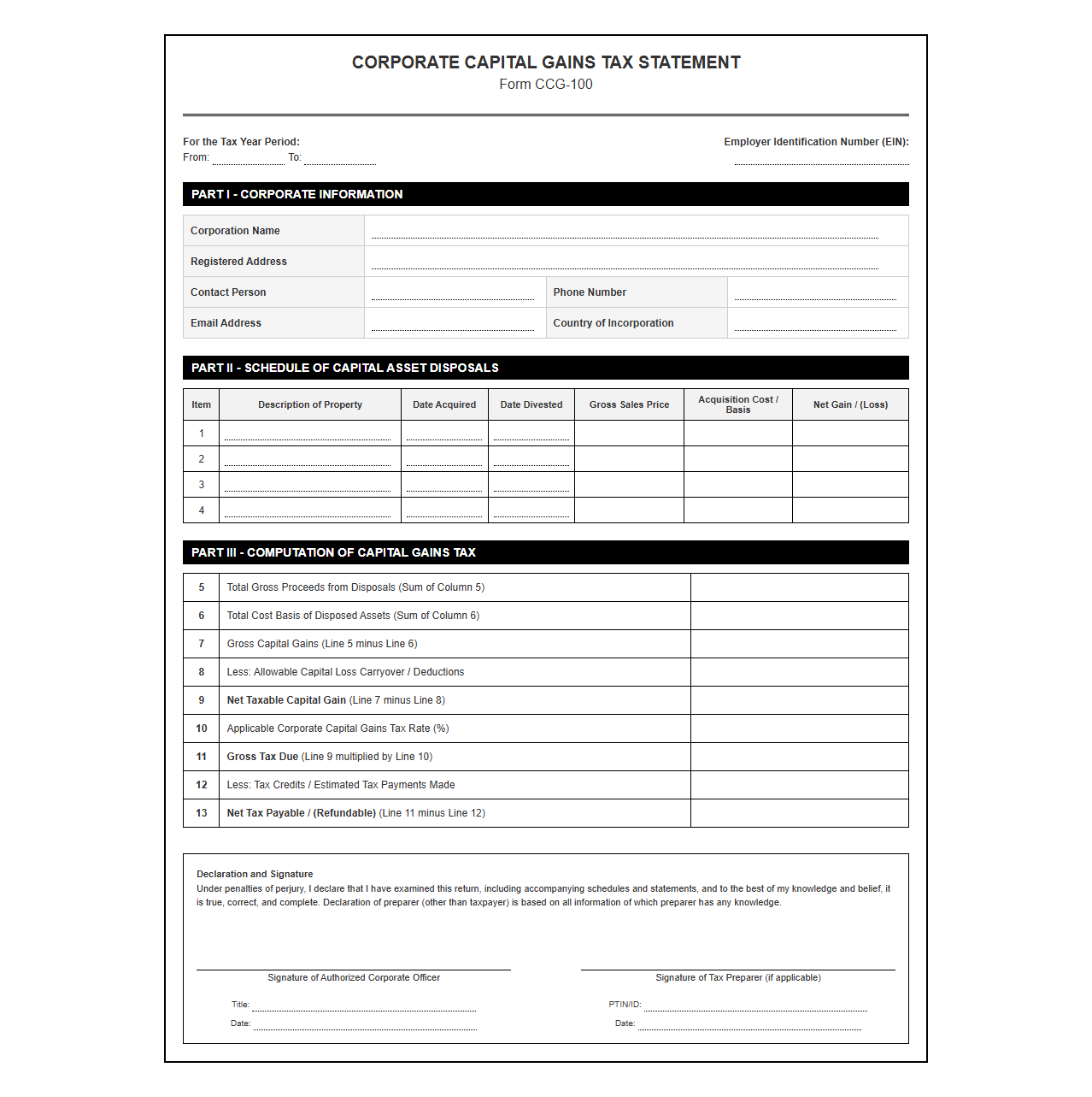 Corporate Capital Gains Tax Statement Form