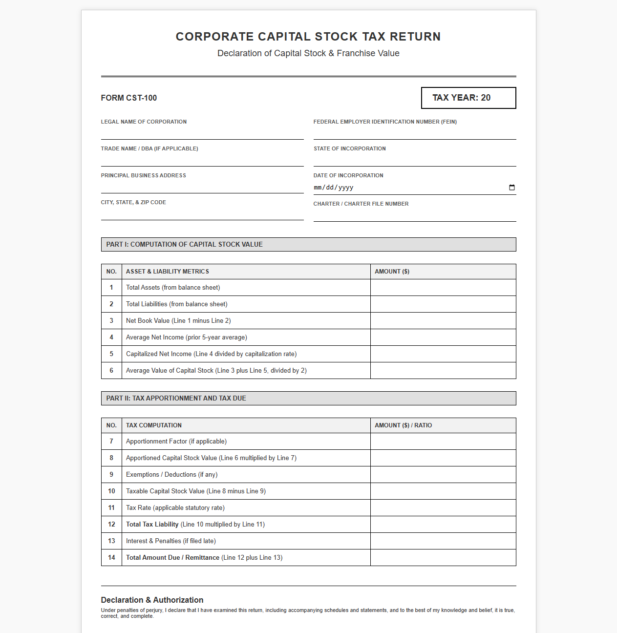 Corporate Capital Stock Tax Declaration Form Template