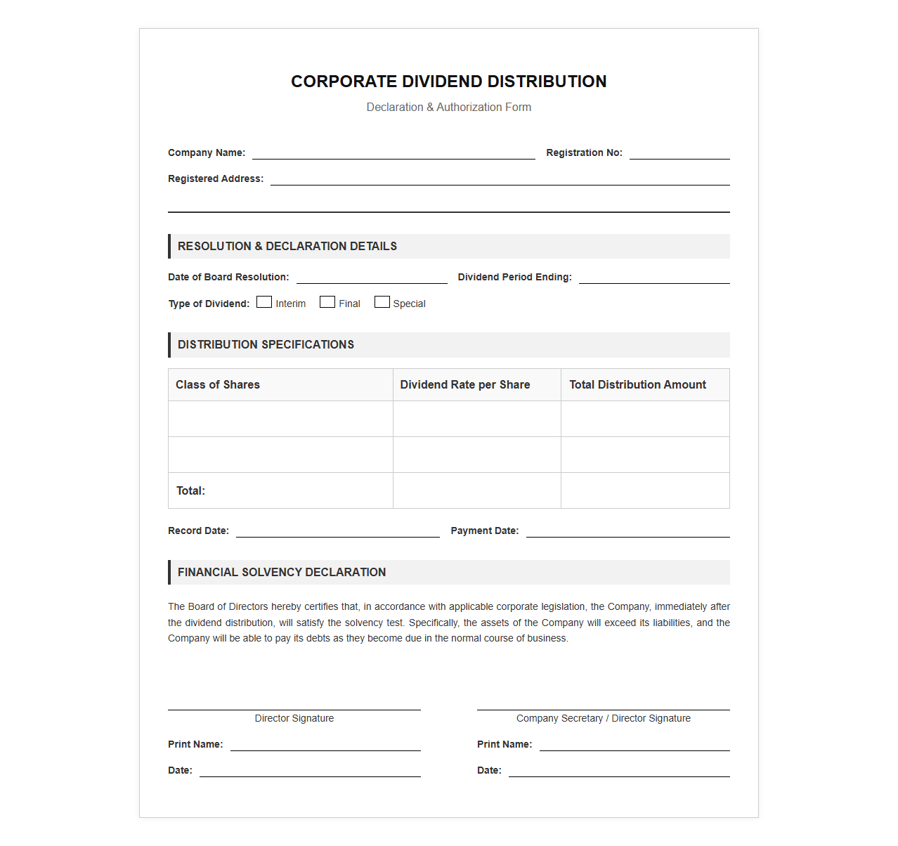 Corporate Dividend Distribution Declaration Form