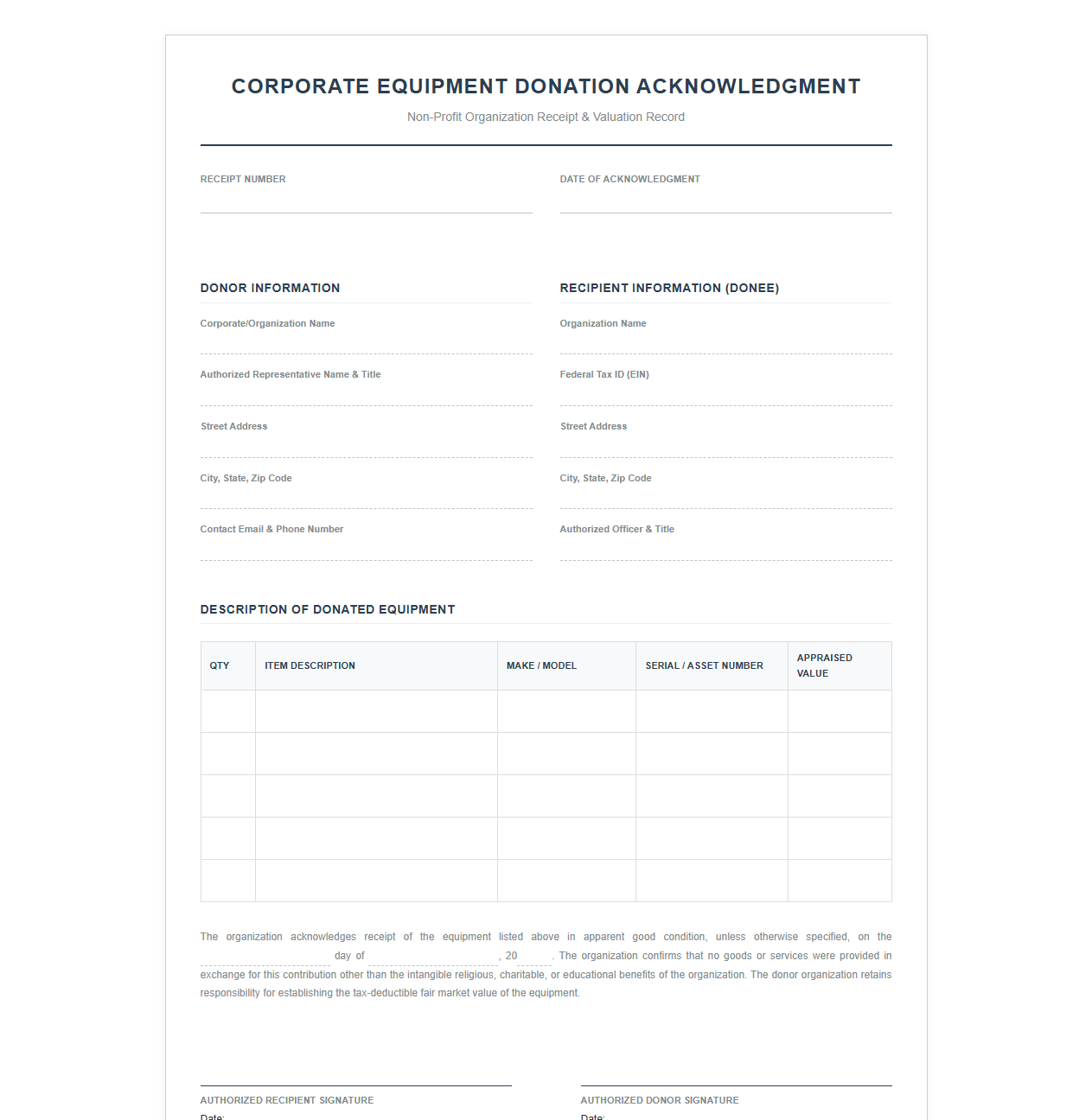 Corporate Equipment Donation Acknowledgment Template