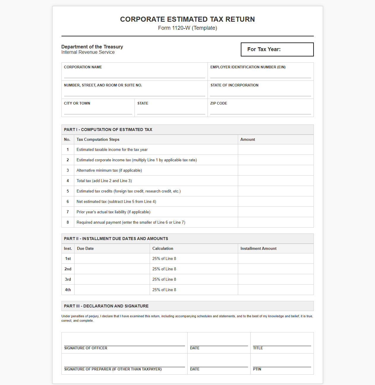 Corporate Estimated Tax Return Template