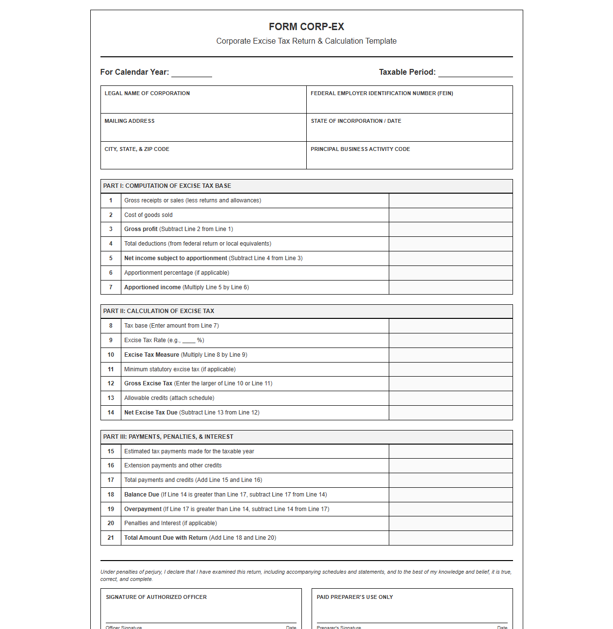 Corporate Excise Tax Calculation and Return Template