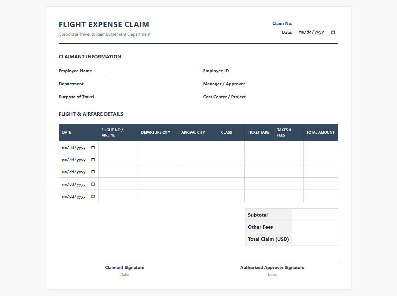 Corporate Flight Expense Claim Sheet