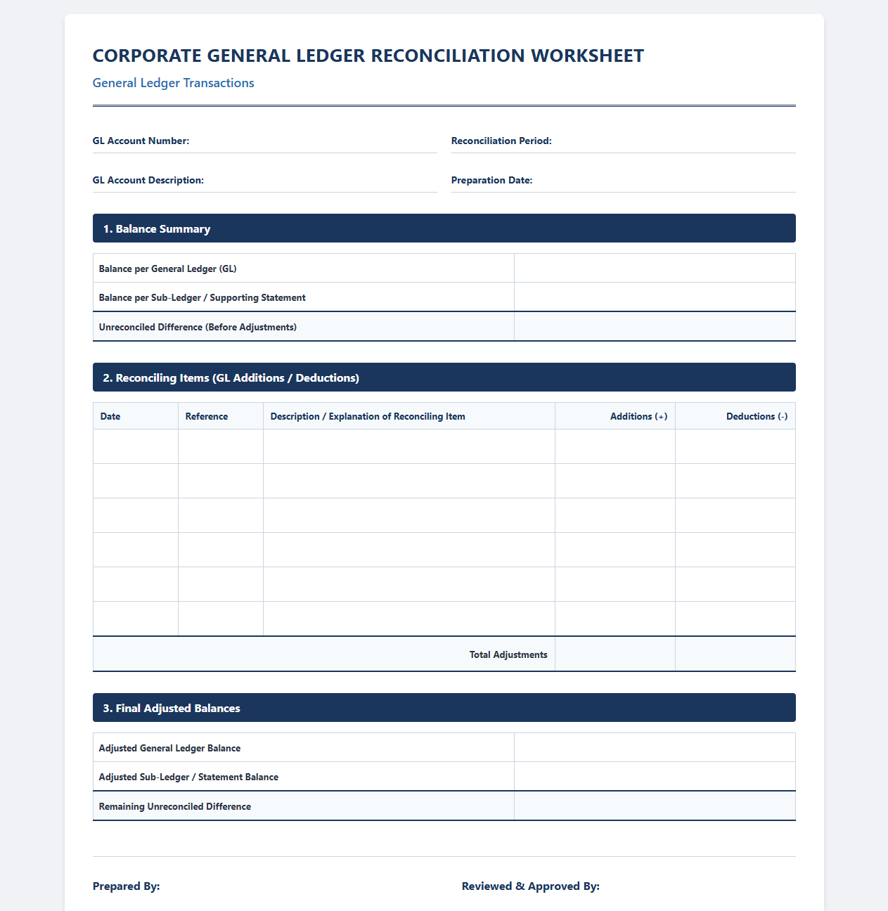 Corporate General Ledger Reconciliation Worksheet