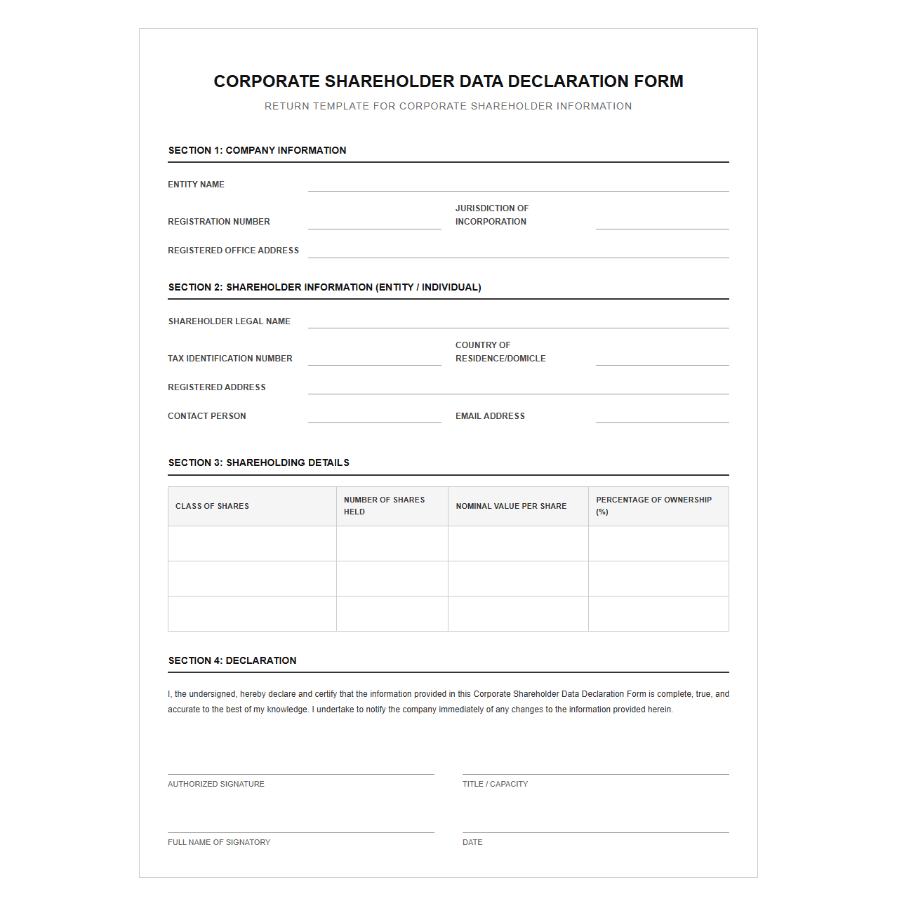 Corporate Shareholder Data Declaration Form