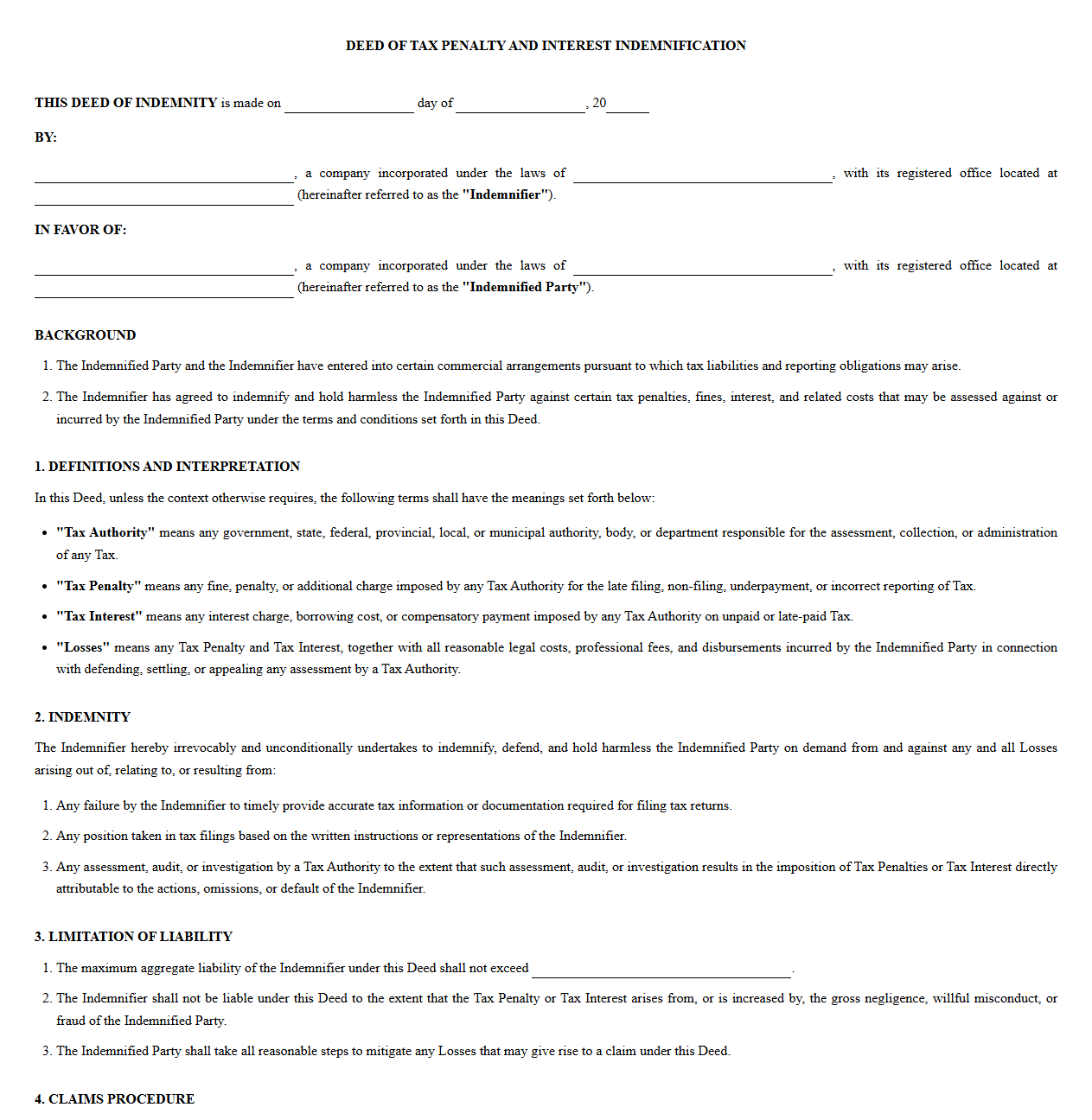Corporate Tax Penalty and Interest Indemnification Deed