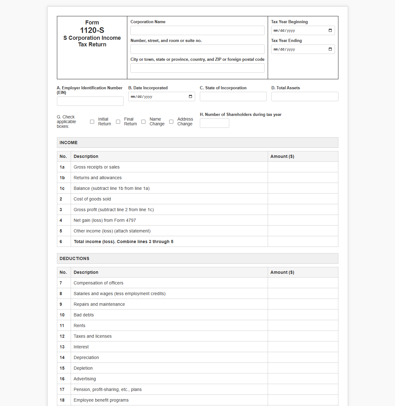 Corporate Tax Return Template for S Corporations