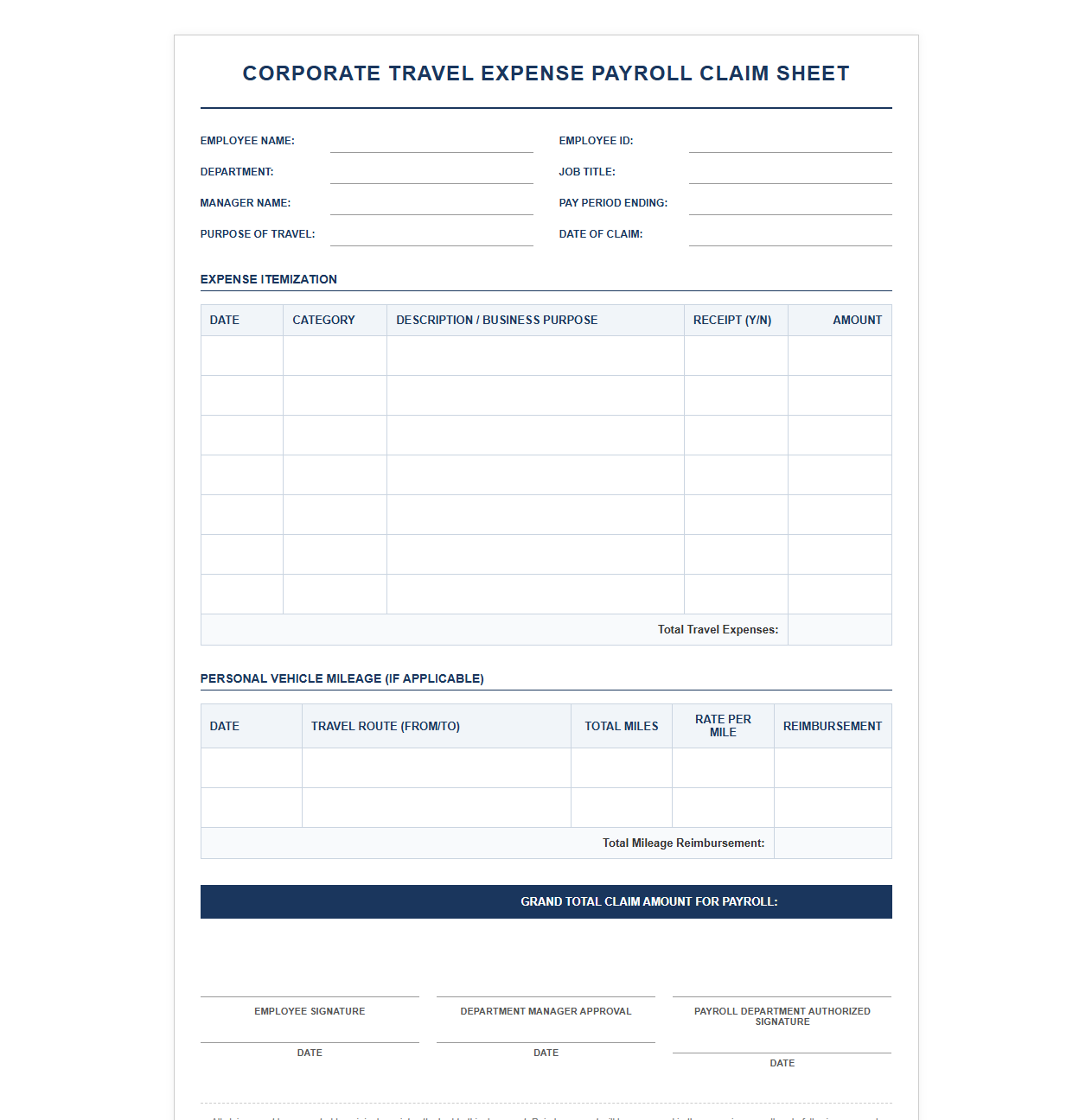 Corporate Travel Expense Payroll Claim Sheet