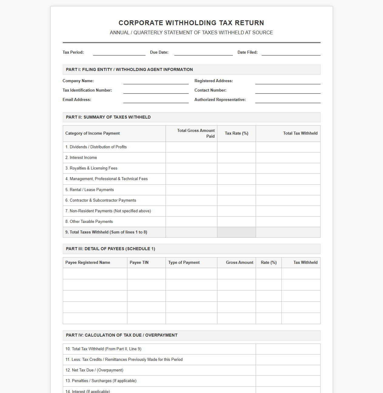 Corporate Withholding Tax Reporting and Return Template