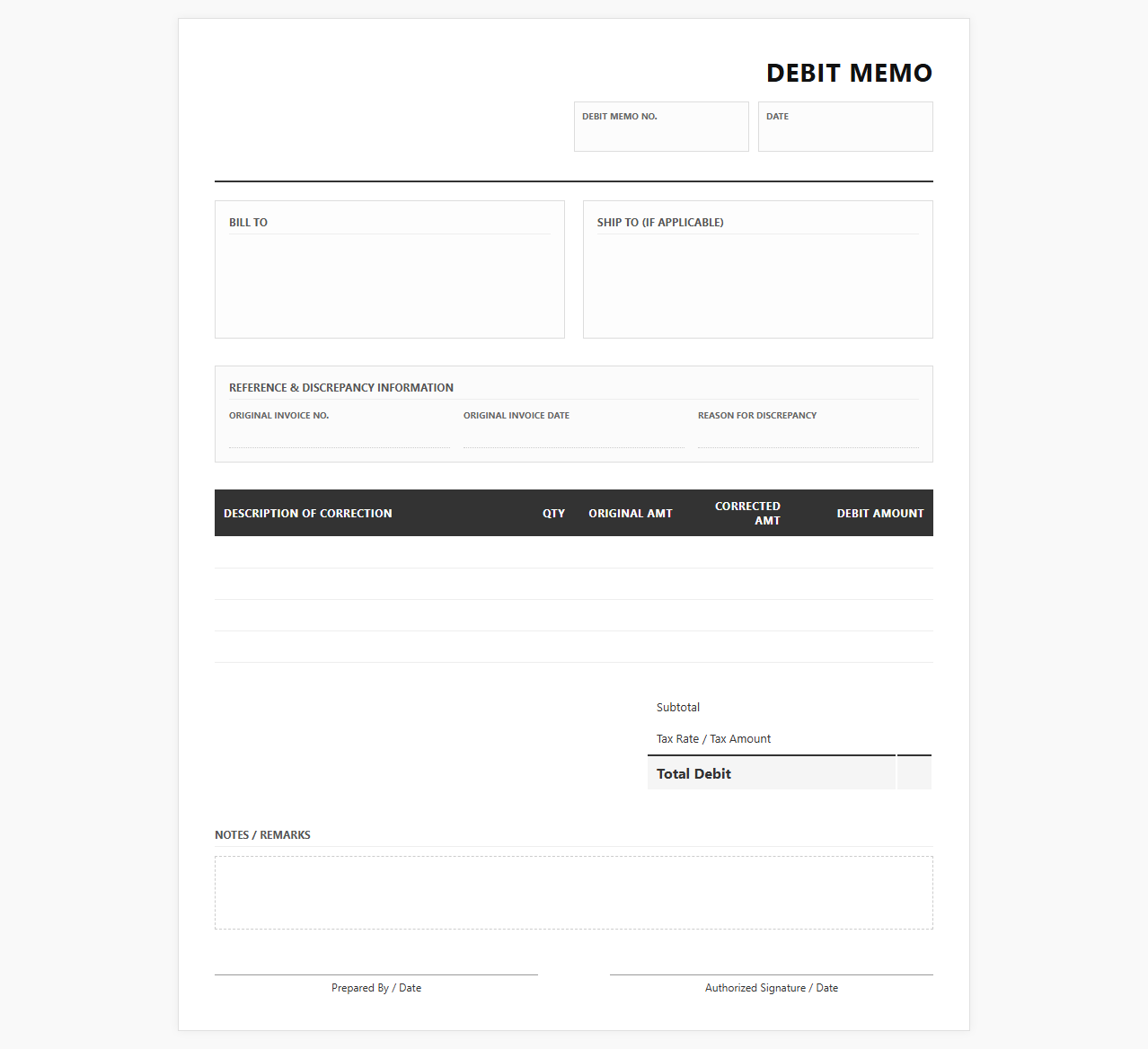 Correction Debit Memo for Invoice Discrepancy