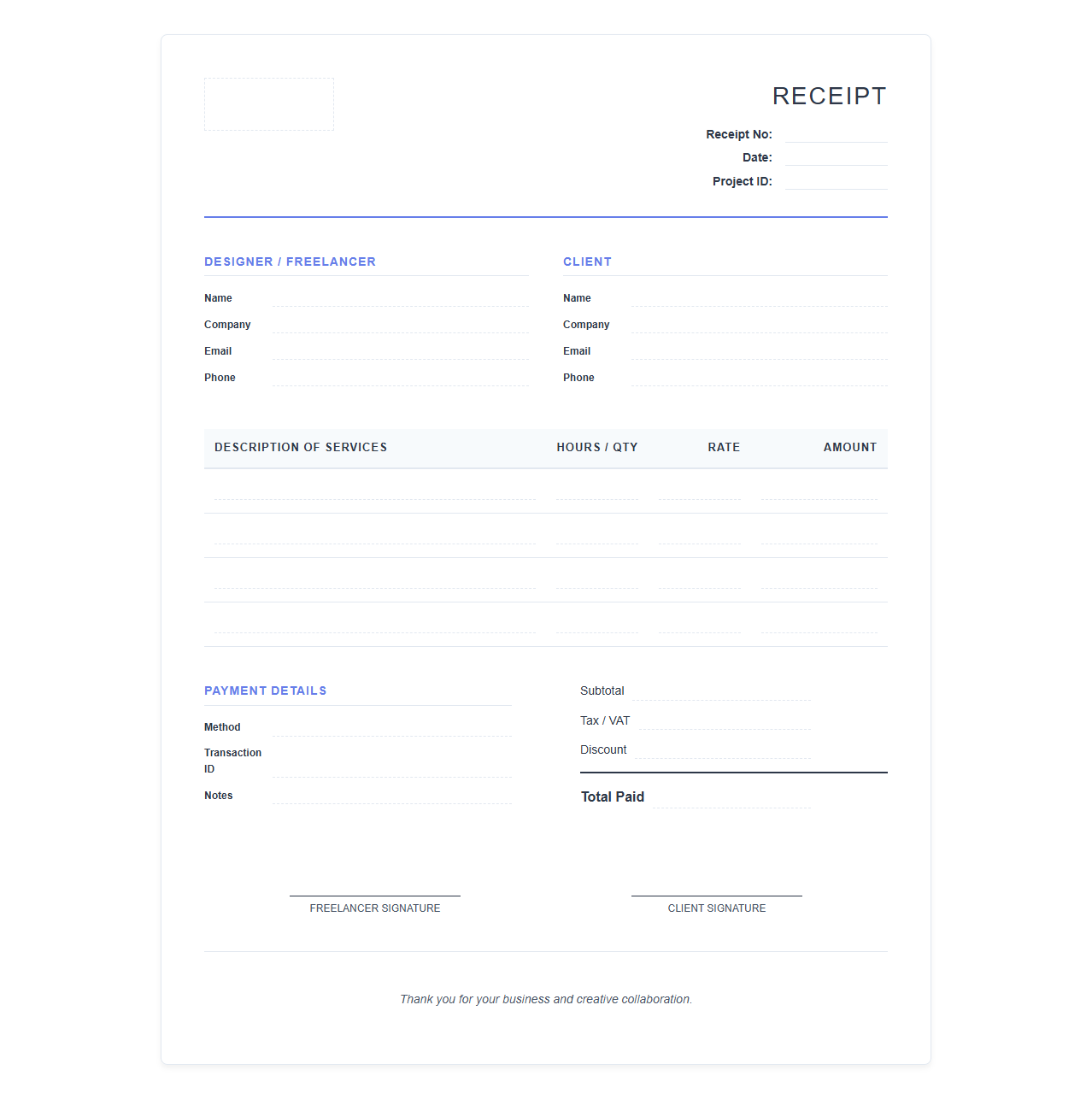 Creative Freelancer Design Services Receipt