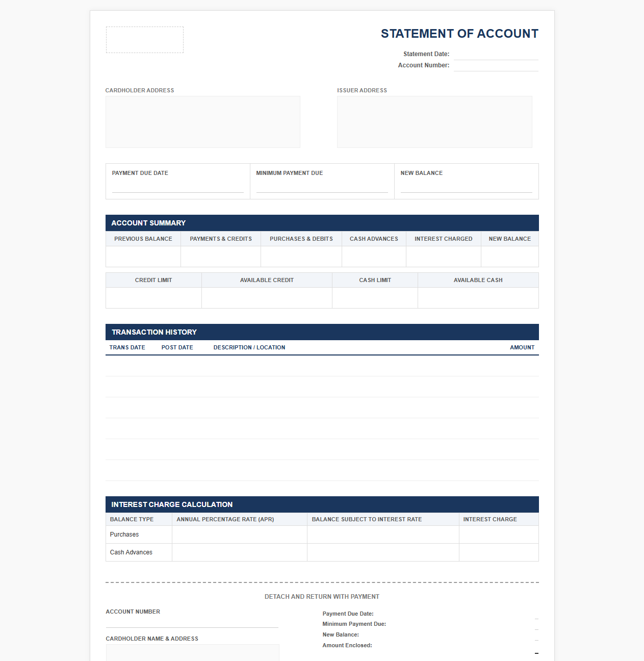 Credit Card Statement of Account Layout