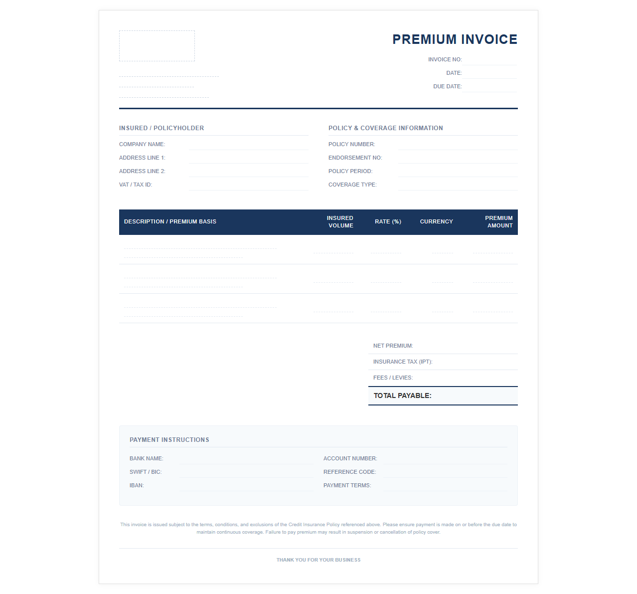 Credit Insurance Coverage Premium Invoice