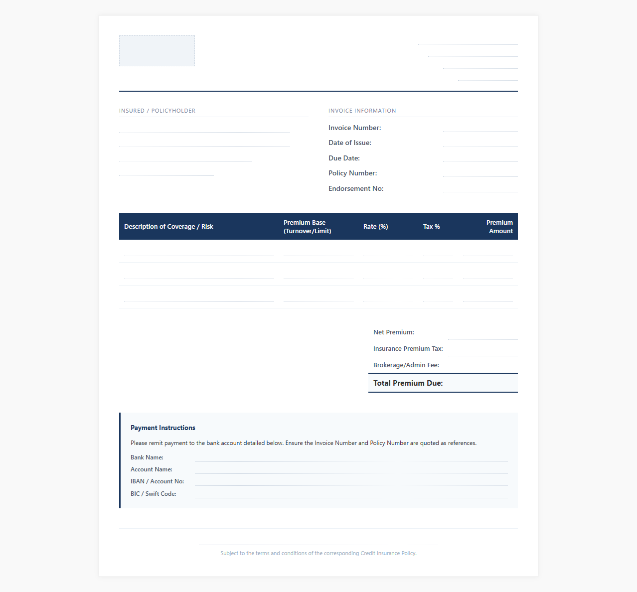 Credit Insurance Premium Invoice Template