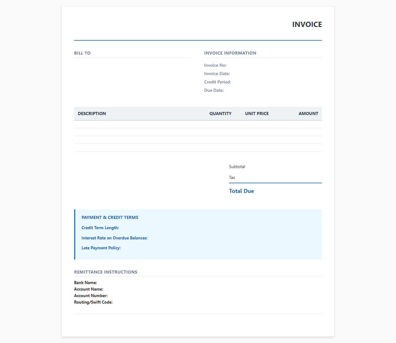 Credit Period Customer Invoice Template