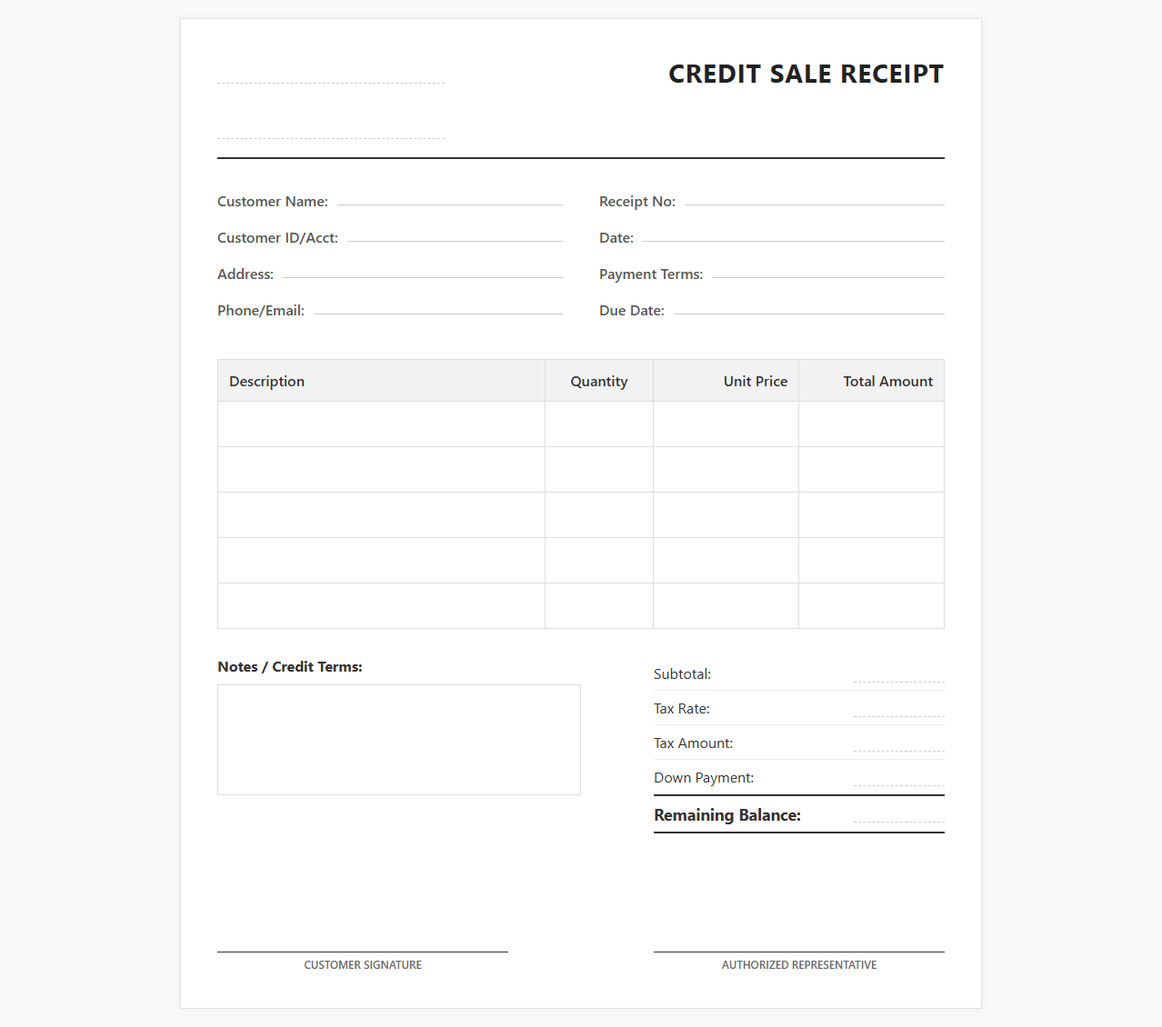 Credit Sale Receipt Template