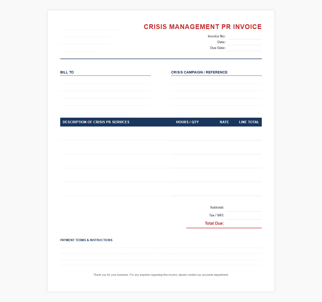 Crisis Management PR Invoice Template