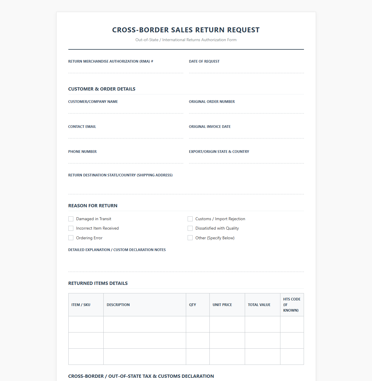 Cross-Border Sales Return Request Template