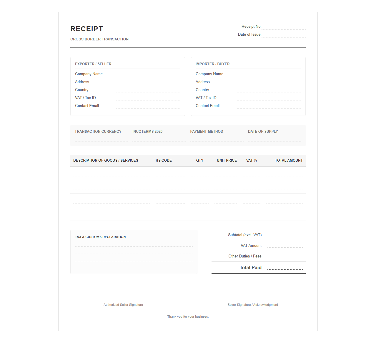 Cross Border Transaction Receipt Template with VAT