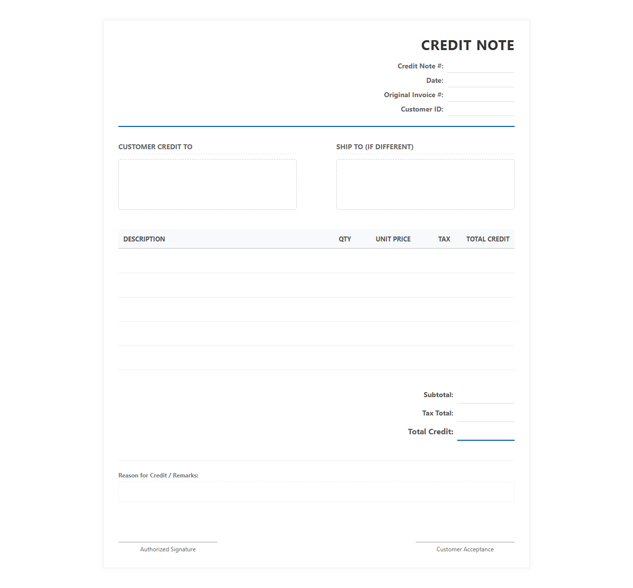 Customer Credit Note Invoice Template