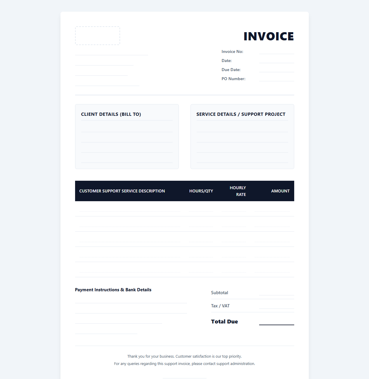 Customer Support Services Invoice Template