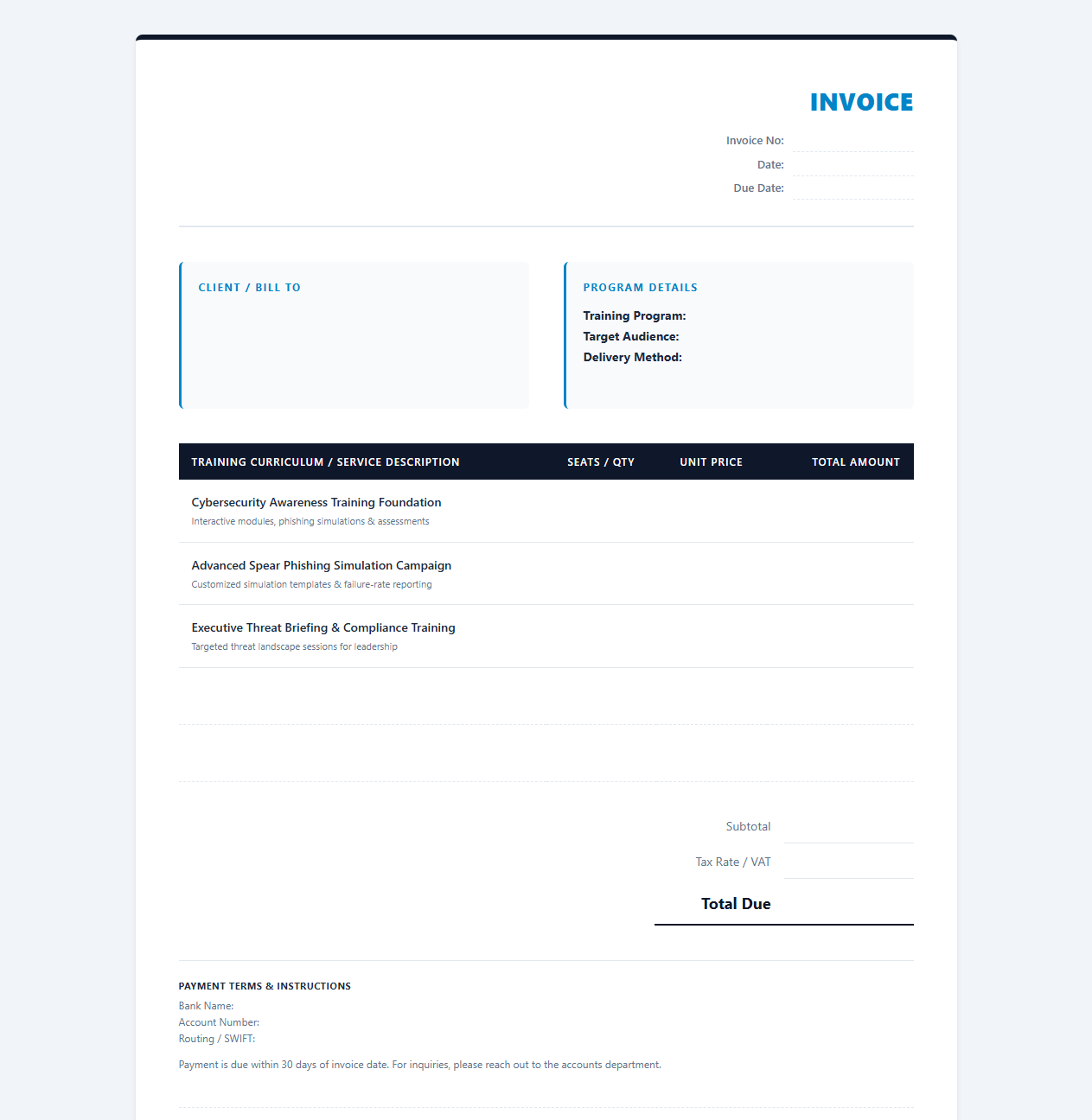 Cybersecurity Awareness Training Program Invoice Template
