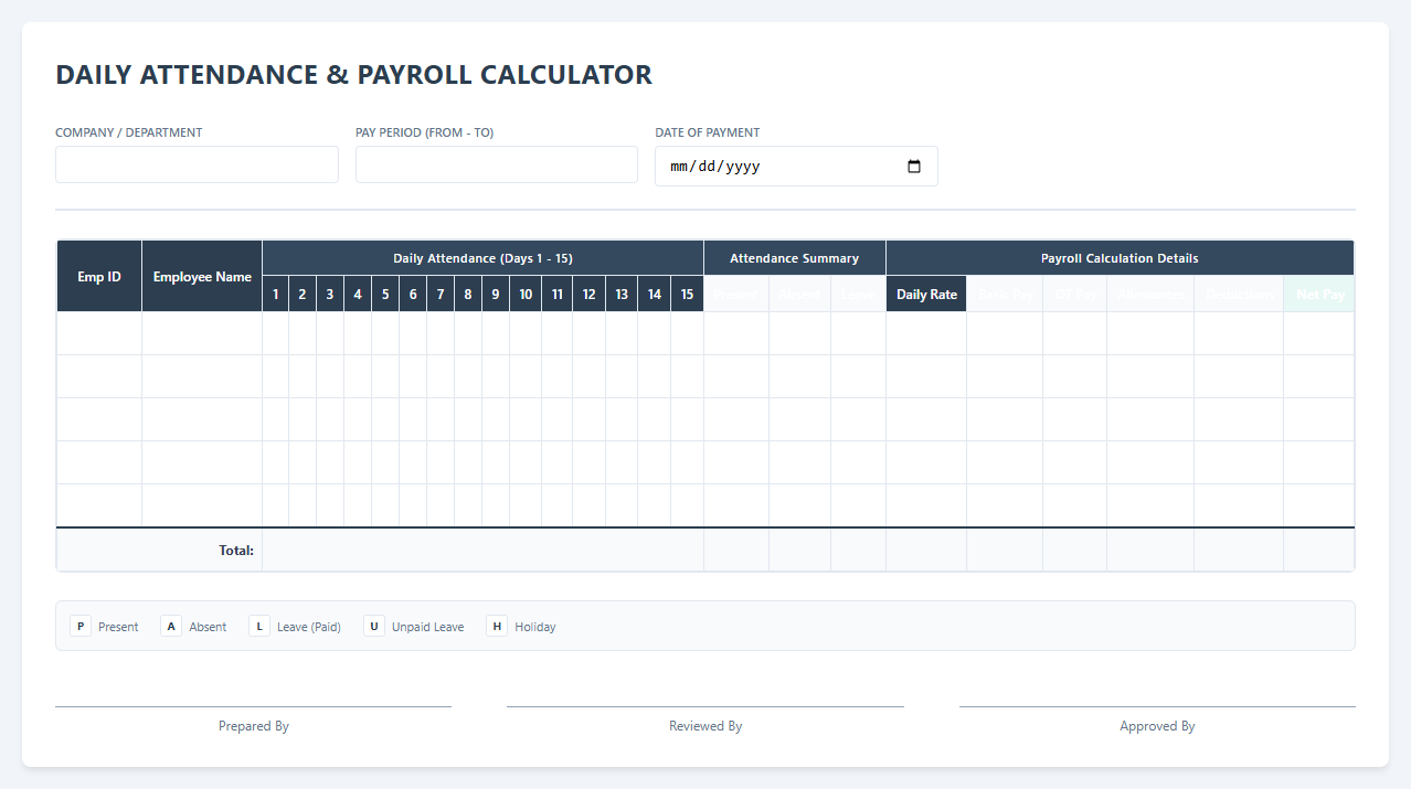 Daily Attendance and Payroll Calculator Template