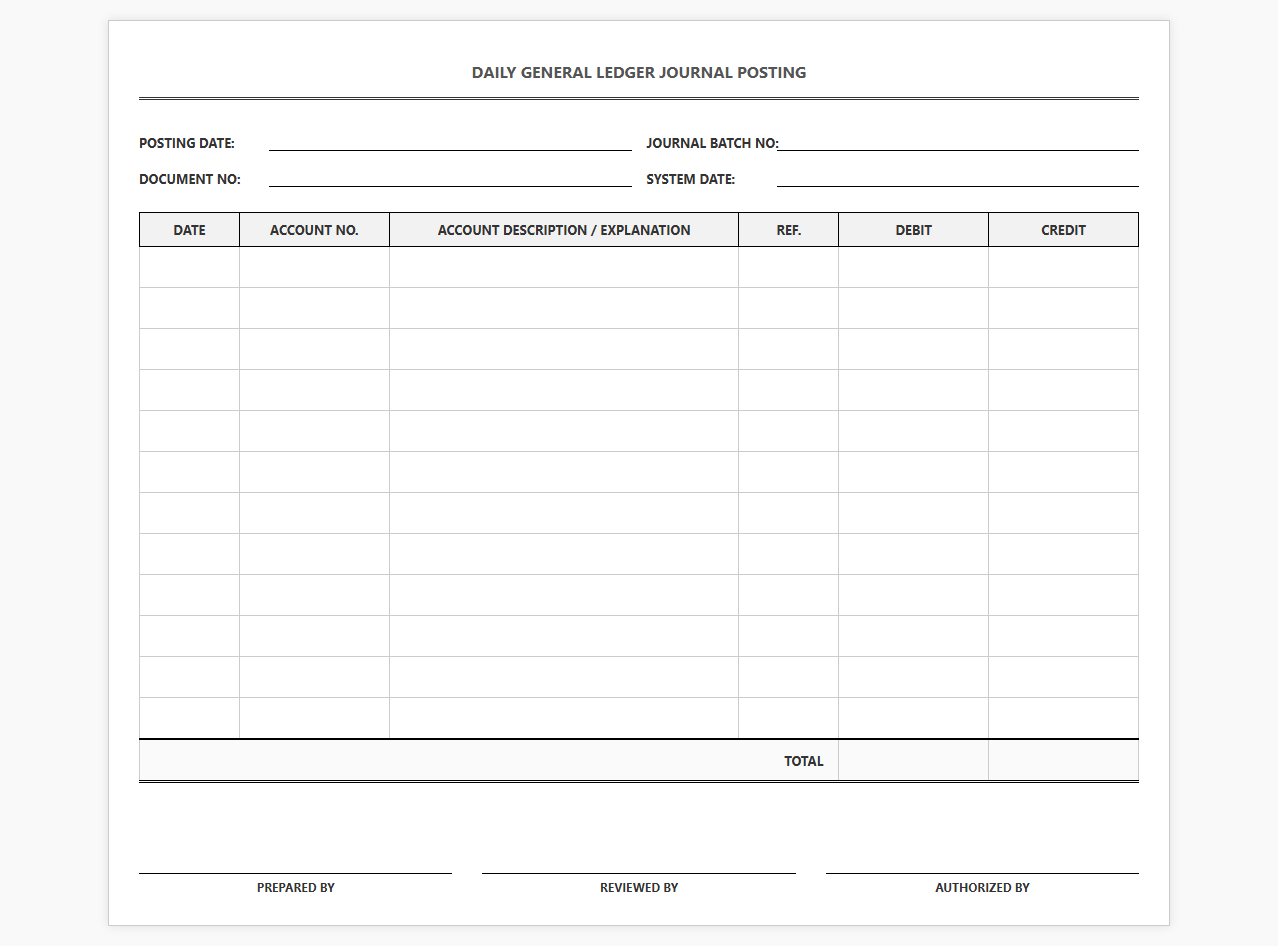 Daily General Ledger Journal Posting Layout