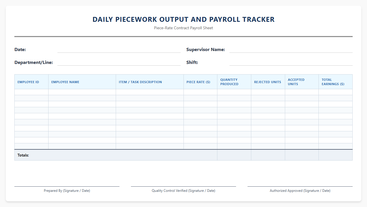 Daily Piecework Output and Payroll Tracker