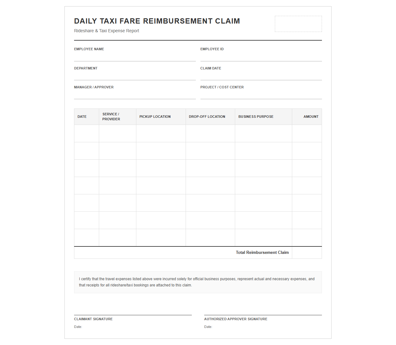 Daily Taxi Fare Reimbursement Claim