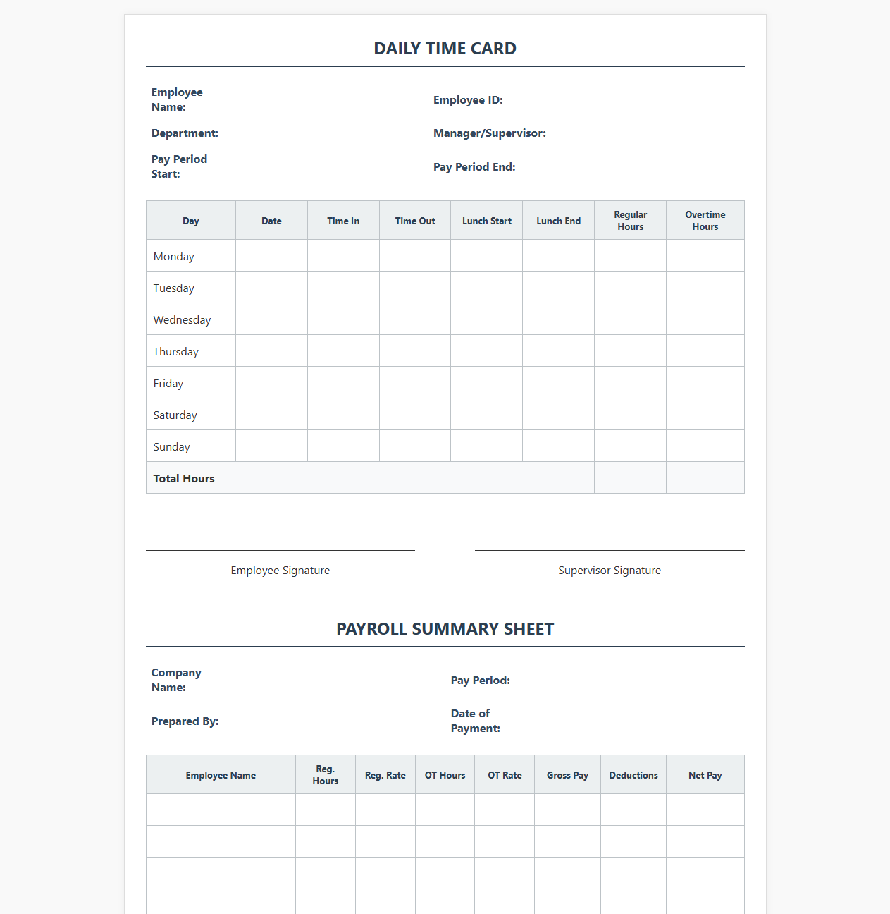 Daily Time Card and Payroll Summary Sheet
