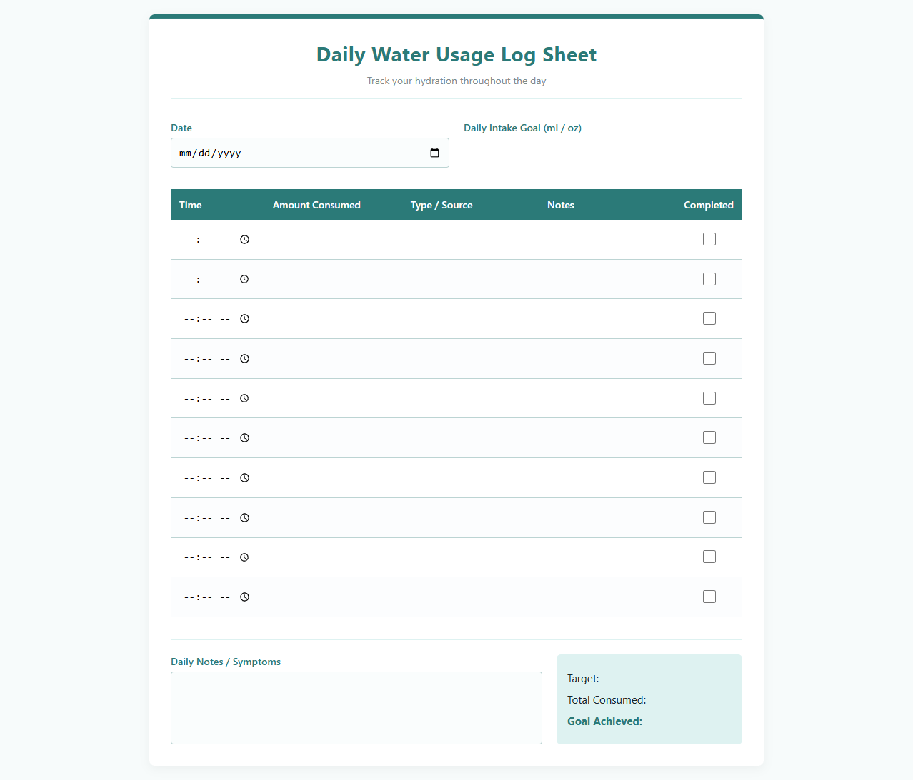 Daily Water Usage Log Sheet Template