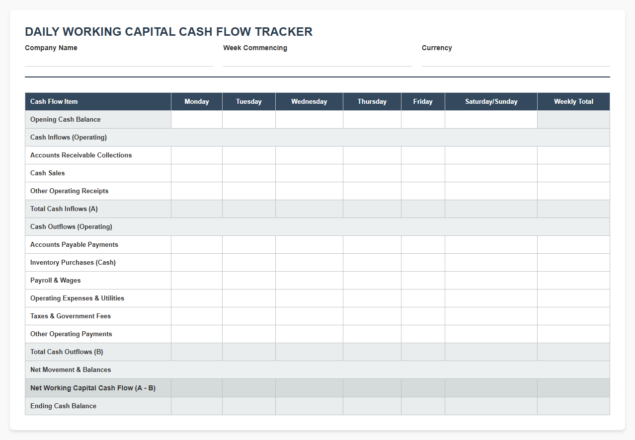 Daily Working Capital Cash Flow Tracker Template