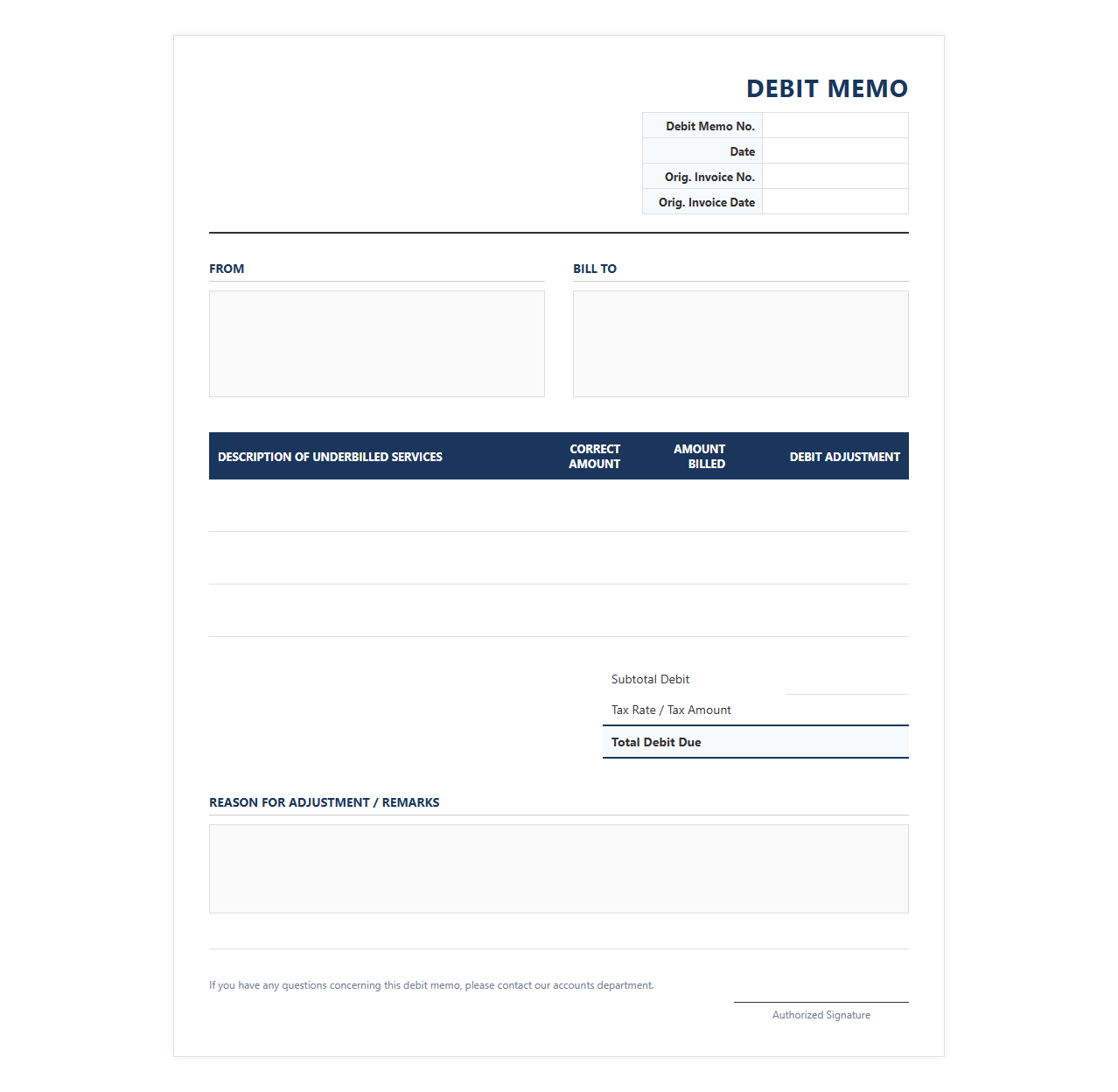 Debit Memo for Underbilled Services Invoice