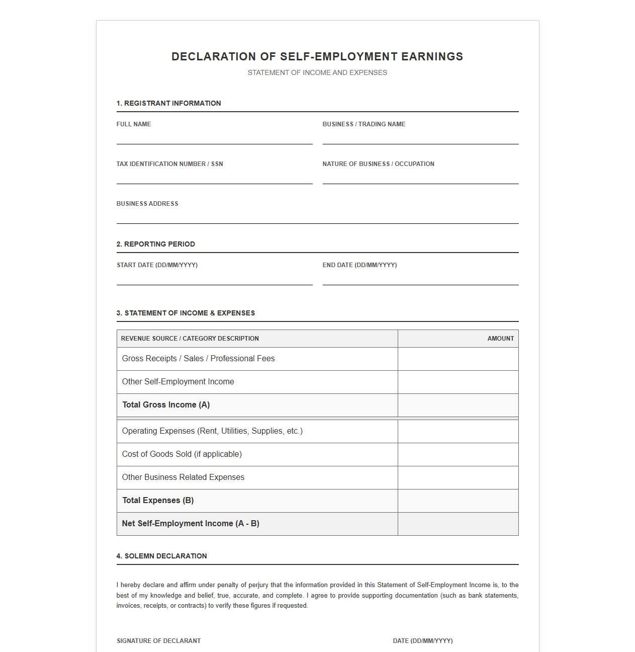 Declaration of Self-Employment Earnings Template