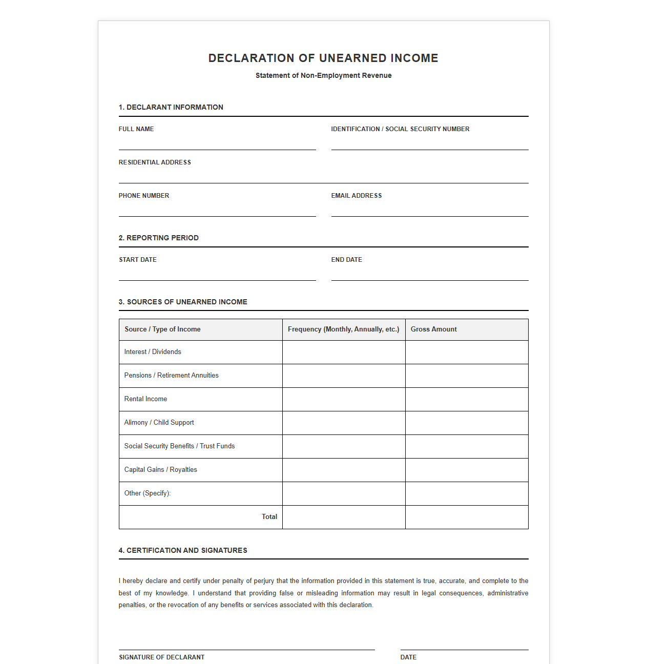 Declaration of Unearned Income Form