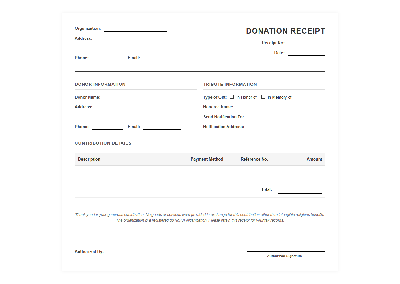 Dedicated Gift Donation Receipt Form