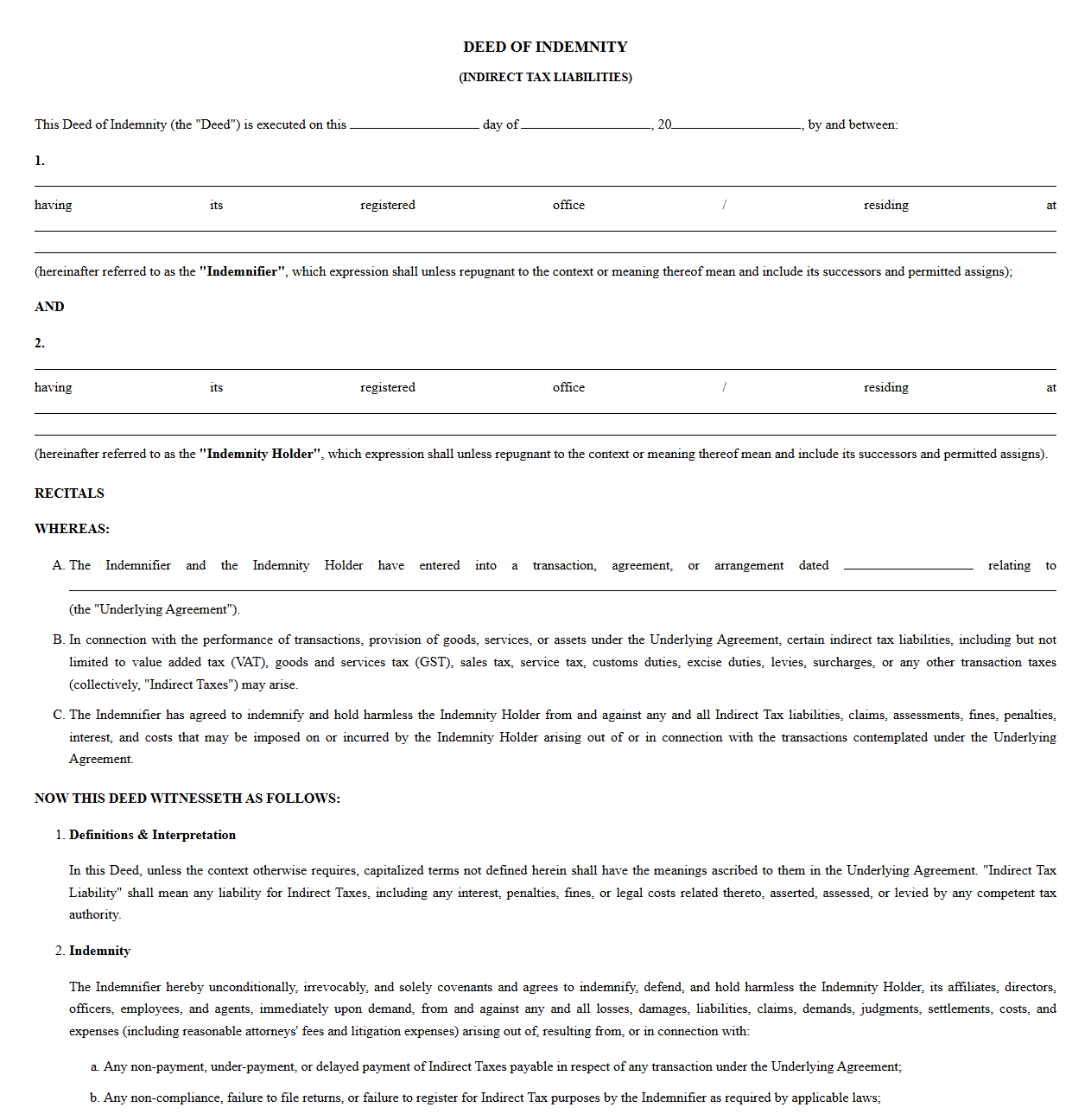 Deed of Indemnity for Indirect Tax Liabilities