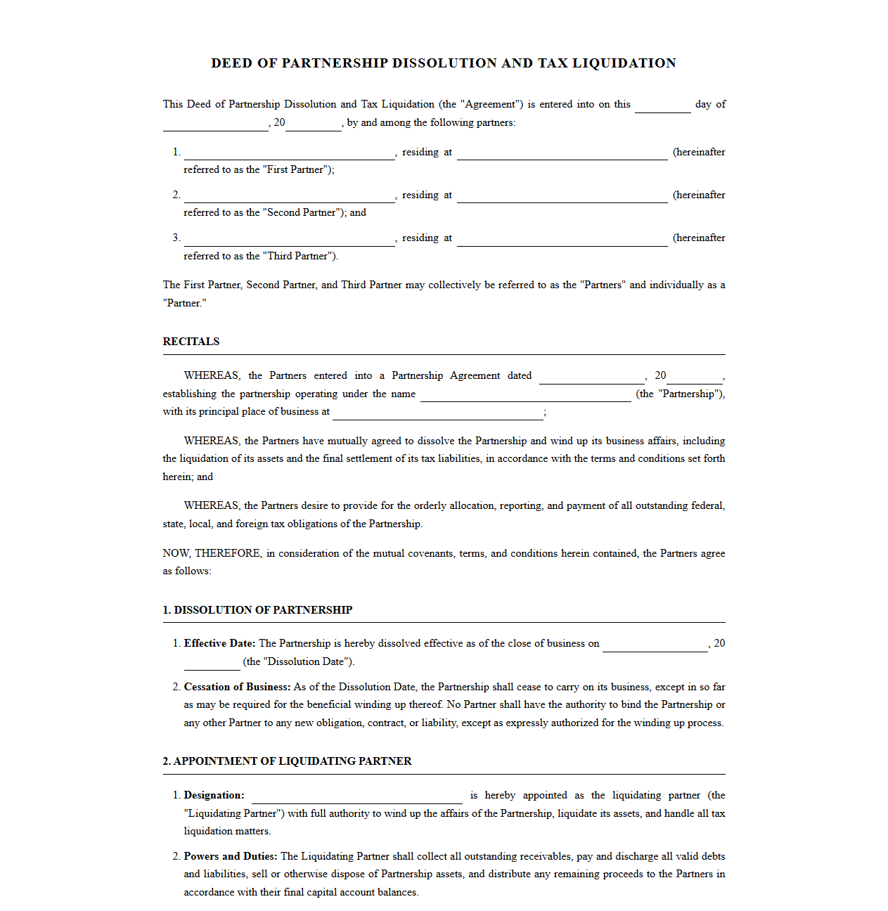 Deed of Partnership Dissolution with Tax Liquidation Provisions