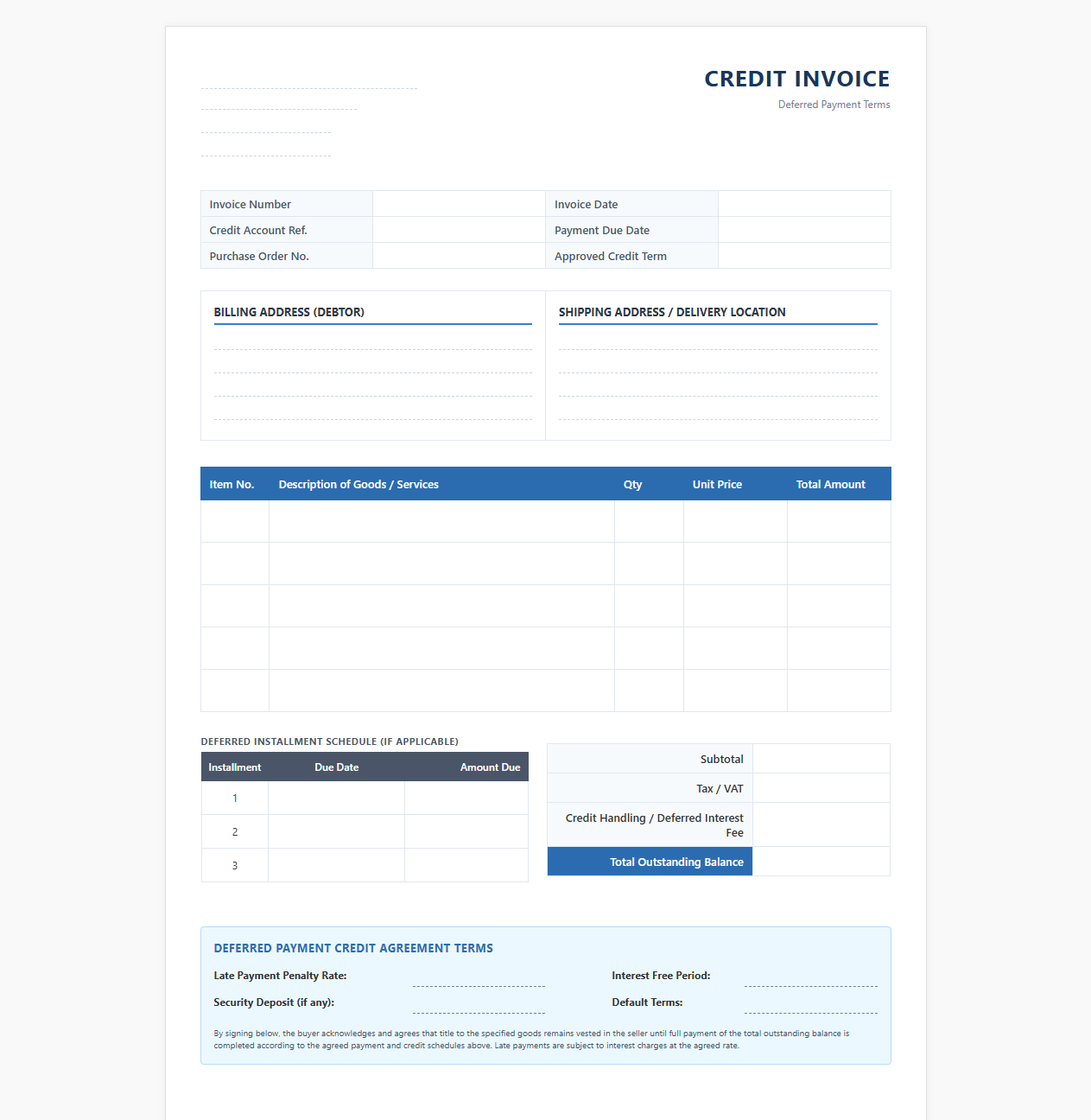 Deferred Payment Credit Invoice Format