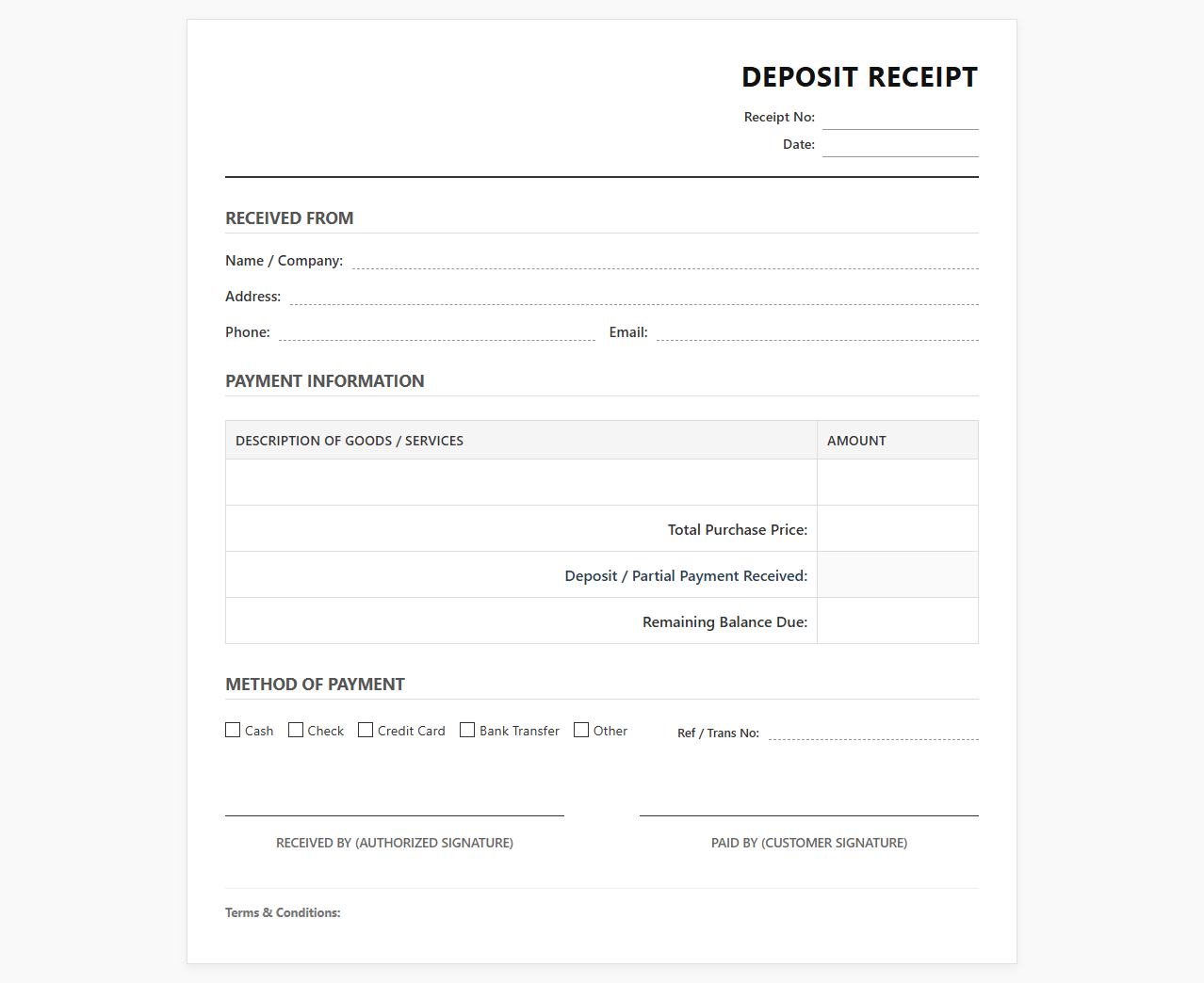 Deposit Payment Receipt Template