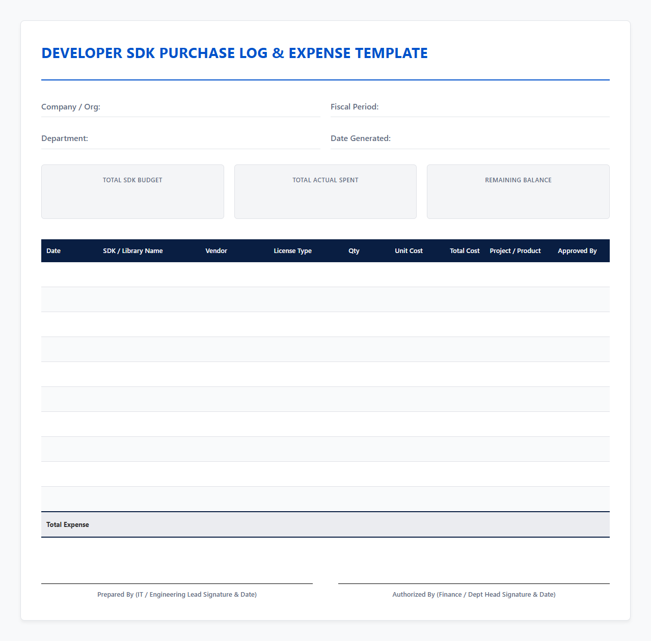 Developer SDK Purchase Log and Expense Template