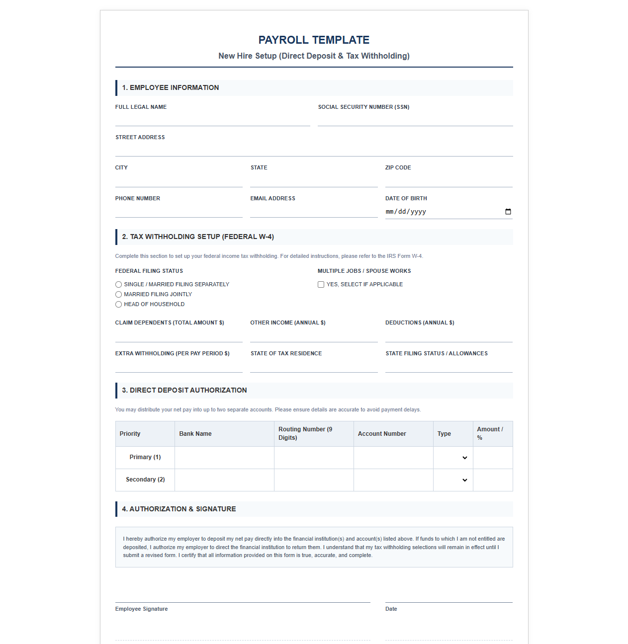 Direct Deposit and Tax Setup Template