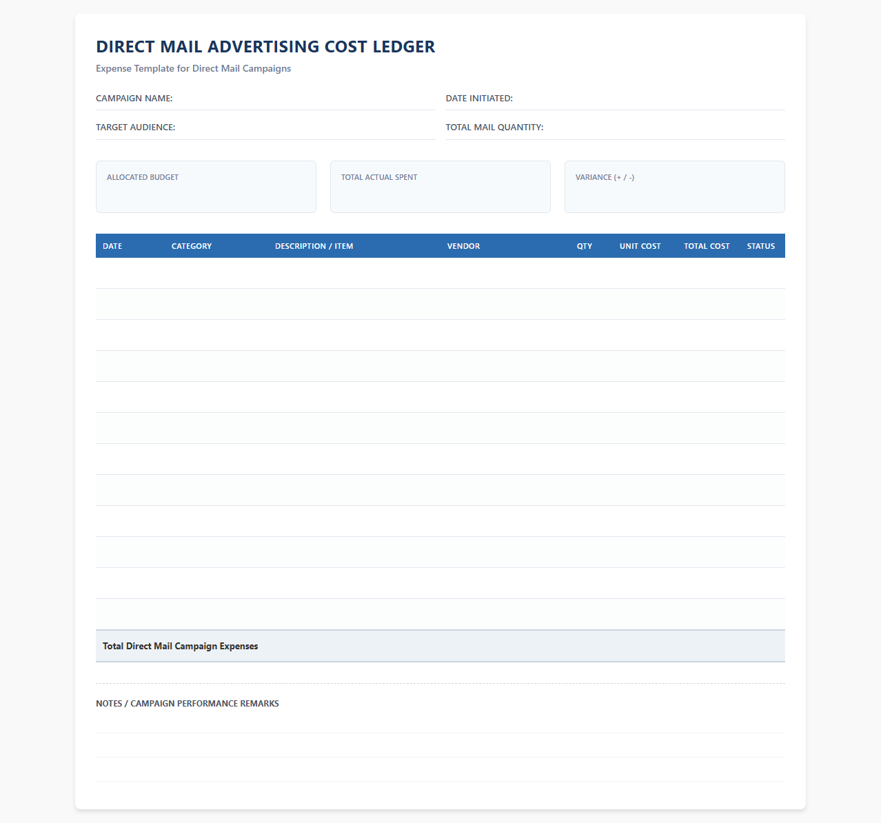 Direct Mail Advertising Cost Ledger