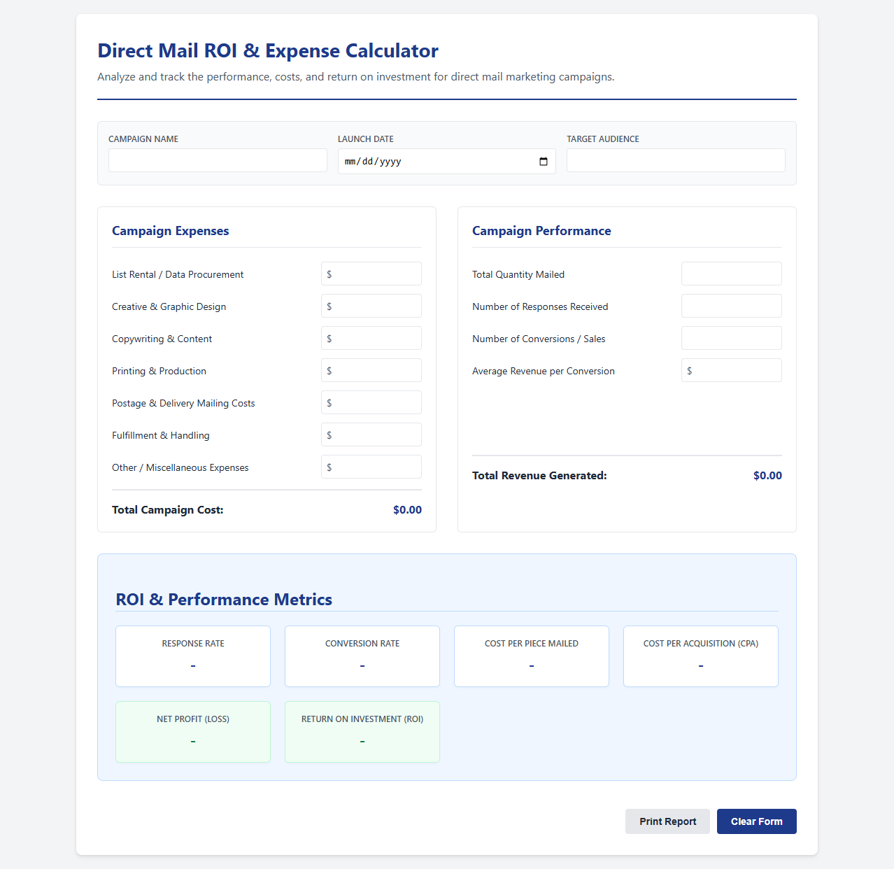 Direct Mail ROI and Expense Calculator
